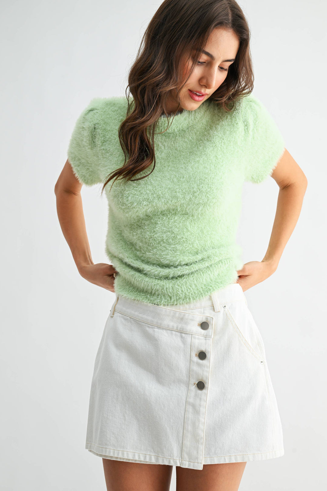 Women's Short Sleeve - Soft Pink Fuzzy Knit Short Sleeve Sweater Top - - Cultured Cloths Apparel