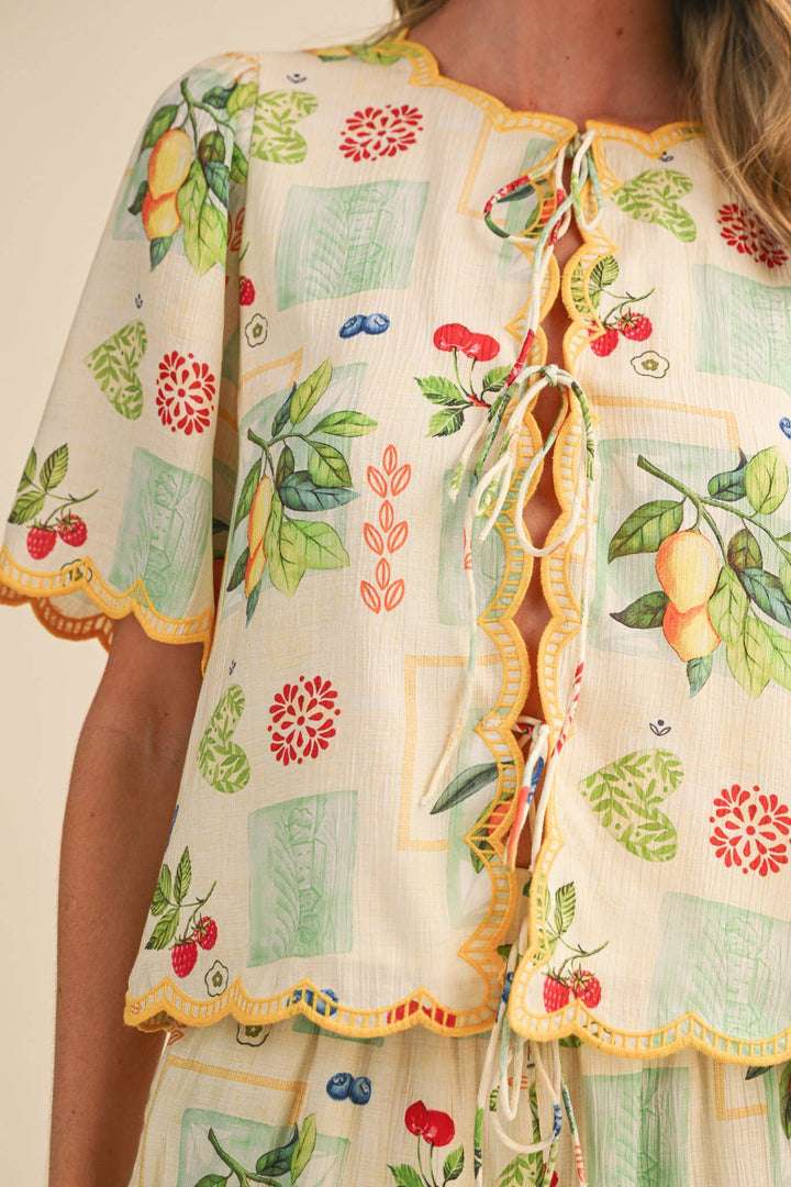 Romper - FRUIT PRINT EMBROIDERED SCALLOP TOP AND SHORTS SET - - Cultured Cloths Apparel