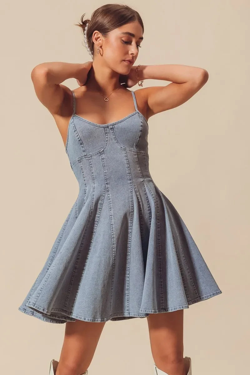 Women's Dresses - SO ME A Line Fit and Flare Denim Mini Dress - DENIM - Cultured Cloths Apparel