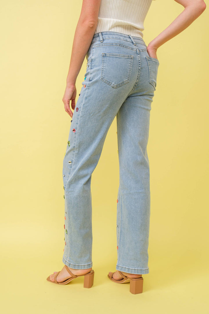 Denim - 23989P Mid Rise Rainbow Jewel Embellished Denim Jeans - - Cultured Cloths Apparel