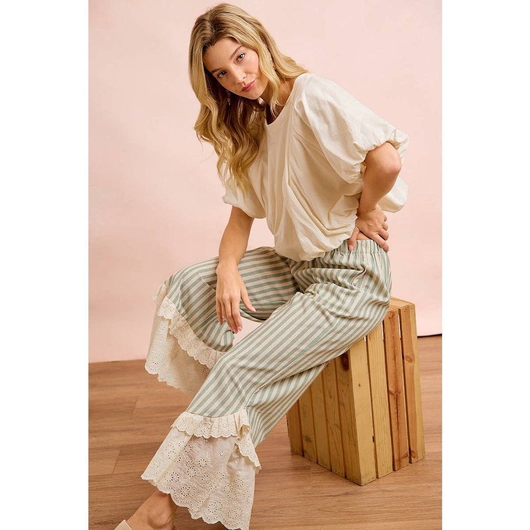 Pants - STRIPE WOVEN RUFFLED LACE HEM PANTS WITH SIDE POCKET - - Cultured Cloths Apparel
