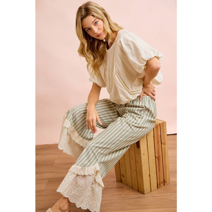 Pants - STRIPE WOVEN RUFFLED LACE HEM PANTS WITH SIDE POCKET - - Cultured Cloths Apparel