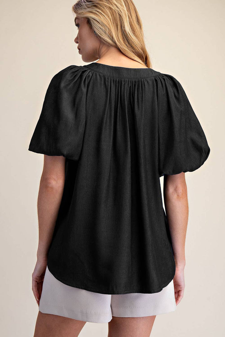 V-Neck Placket Balloon Sleeve Top