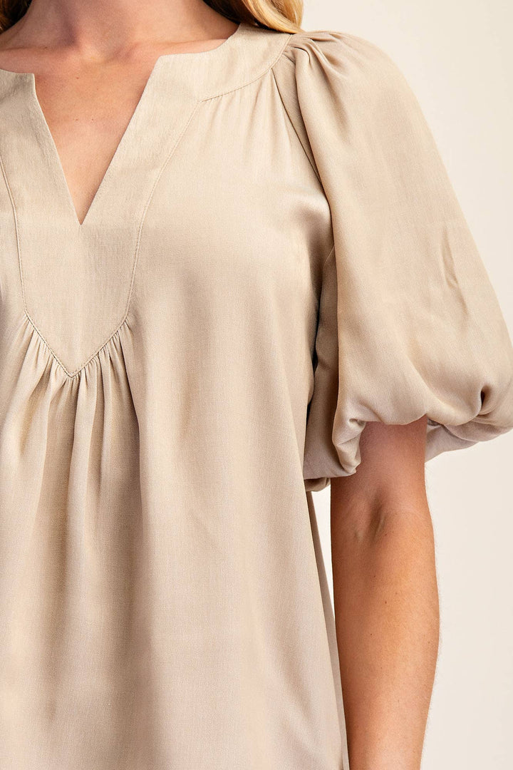 - V-Neck Placket Balloon Sleeve Top - - Cultured Cloths Apparel