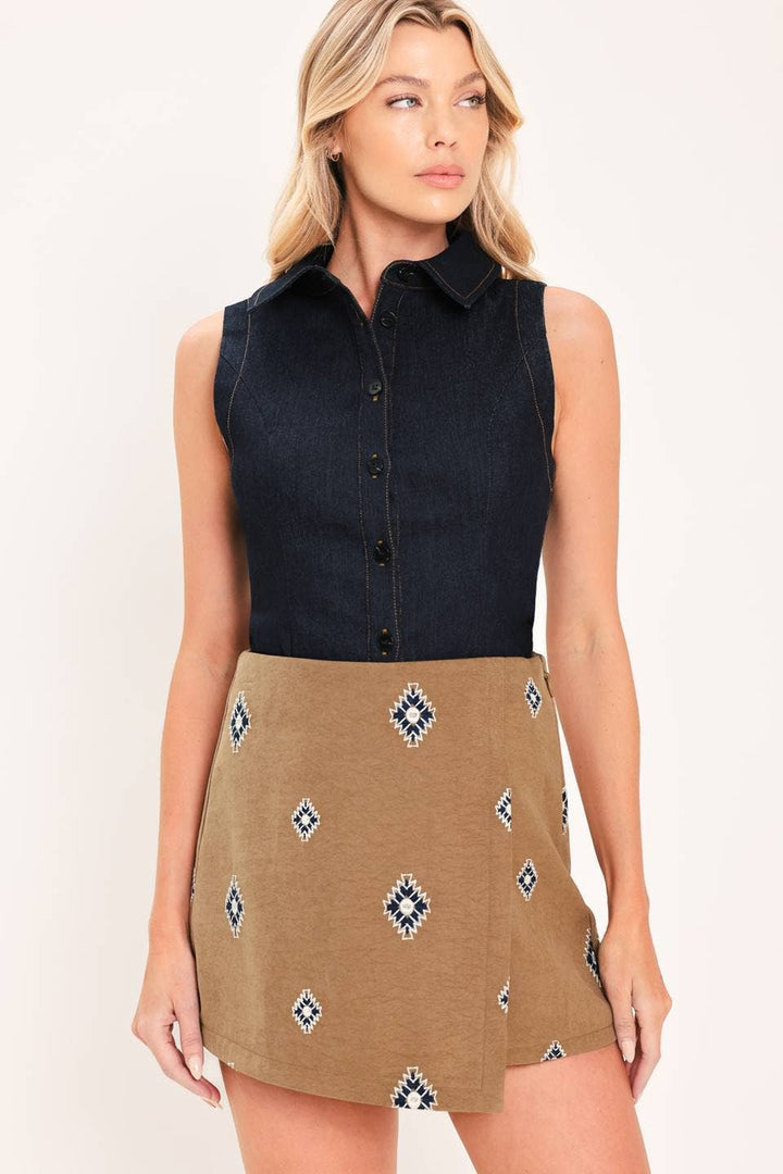 embroidered faux suede skort