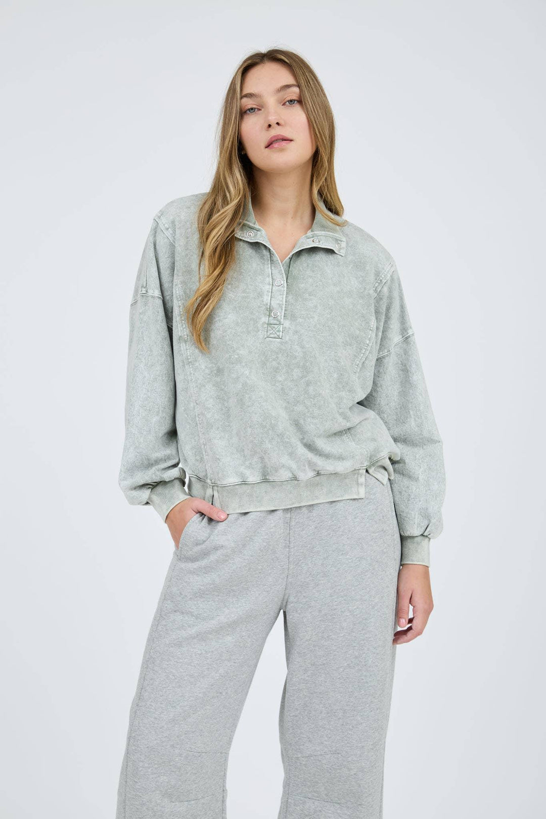 Women's Long Sleeve - WASHED HALF SNAP BUTTON LONG SLEEVE KNIT TOP - - Cultured Cloths Apparel