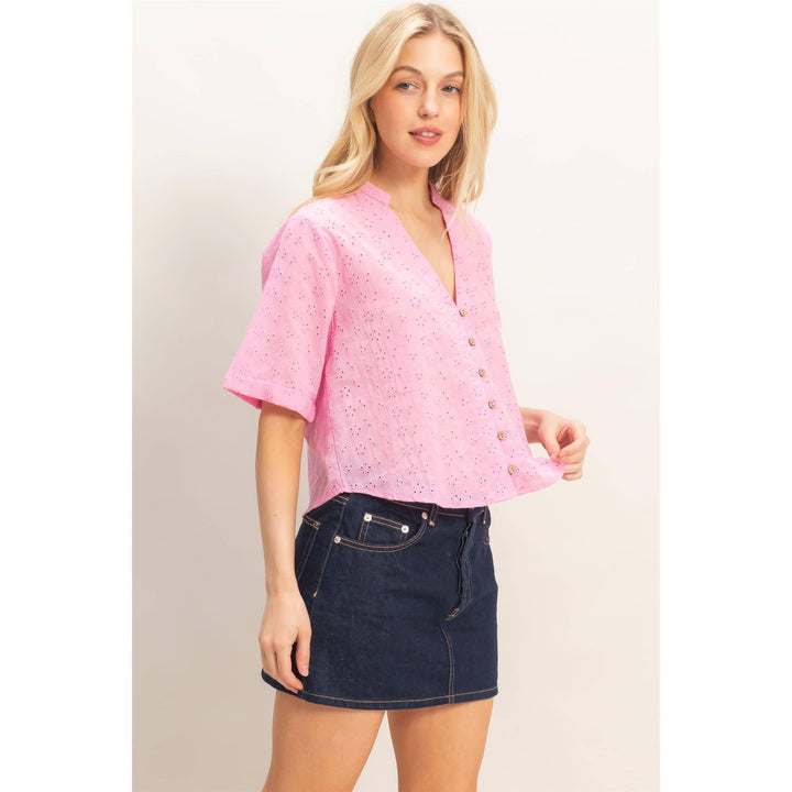 Olive Floral Eyelet Mandarin Collar Top