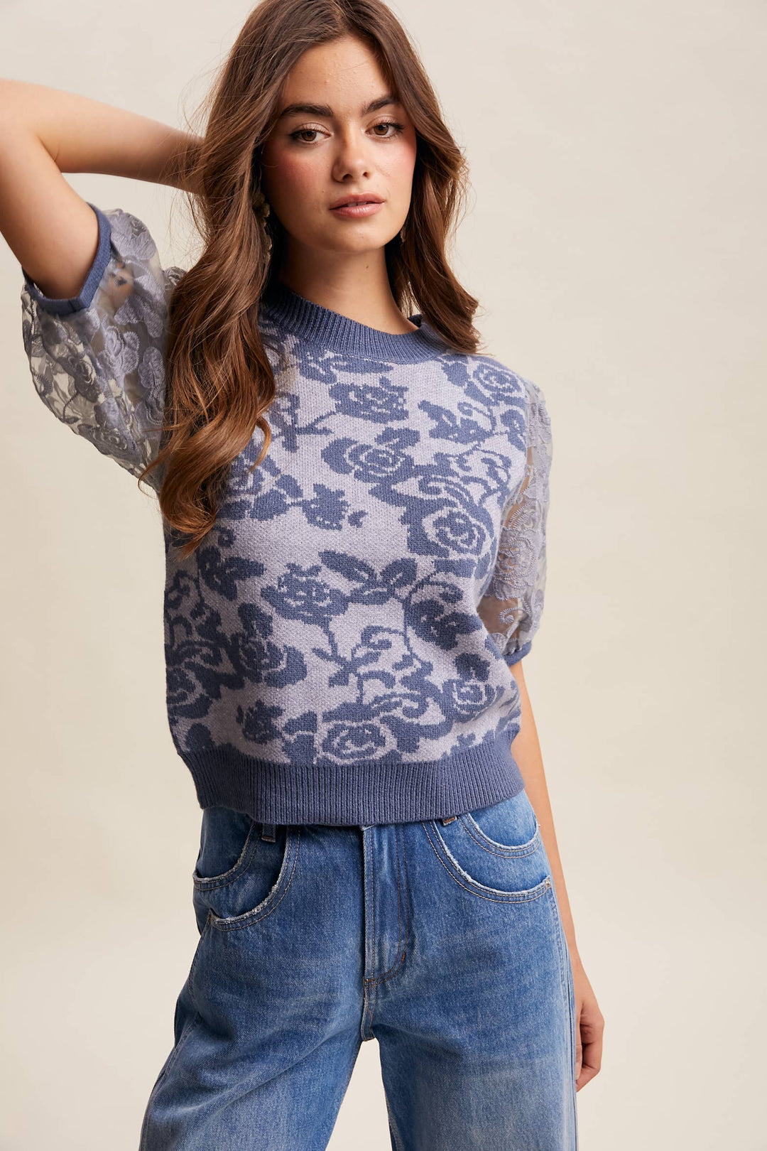 Women's Short Sleeve - Rose Embroidered Contrast Knit Top - - Cultured Cloths Apparel