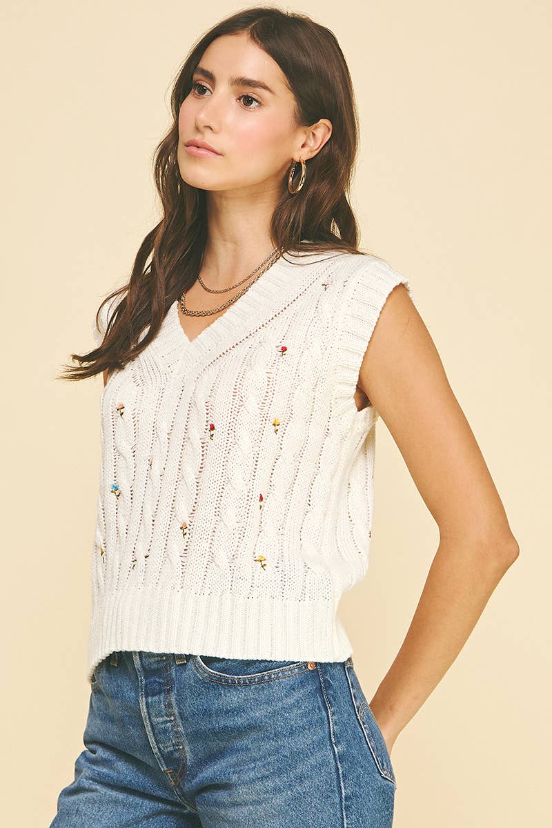 Women's Sleeveless - FLORAL EMBROIDERED CABLE KNIT SWEATER VEST - - Cultured Cloths Apparel