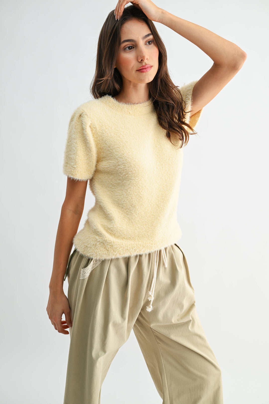 Women's Short Sleeve - Soft Pink Fuzzy Knit Short Sleeve Sweater Top - - Cultured Cloths Apparel