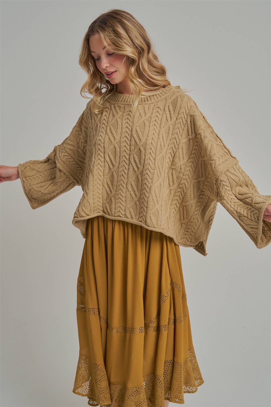 OVERSIZED CABLE KNIT CASUAL BOHO FALL SWEATERTOP