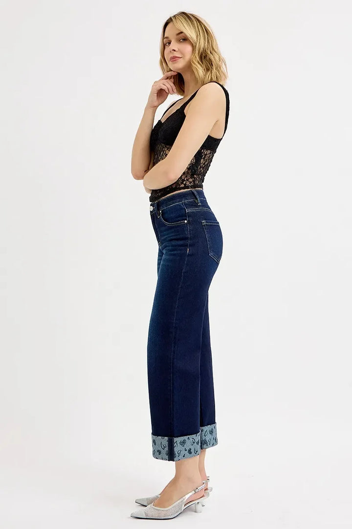 Denim - RISEN Full Size Mid Rise Fit Crop Wide With Printed Cuff Jeans Plus Size - - Cultured Cloths Apparel