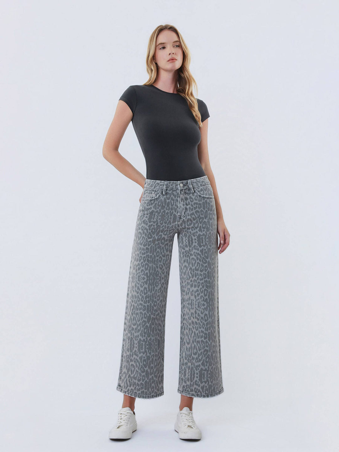 Denim - HIGH RISE GREY LEOPARD PRINT CROP WIDE LEG JEANS T7331GLP - - Cultured Cloths Apparel