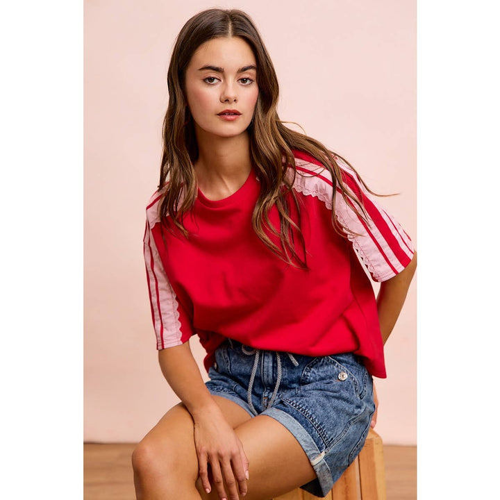 FRENCH TERRY SIDE LACE DETAIL SHORT SLEEVES TOP