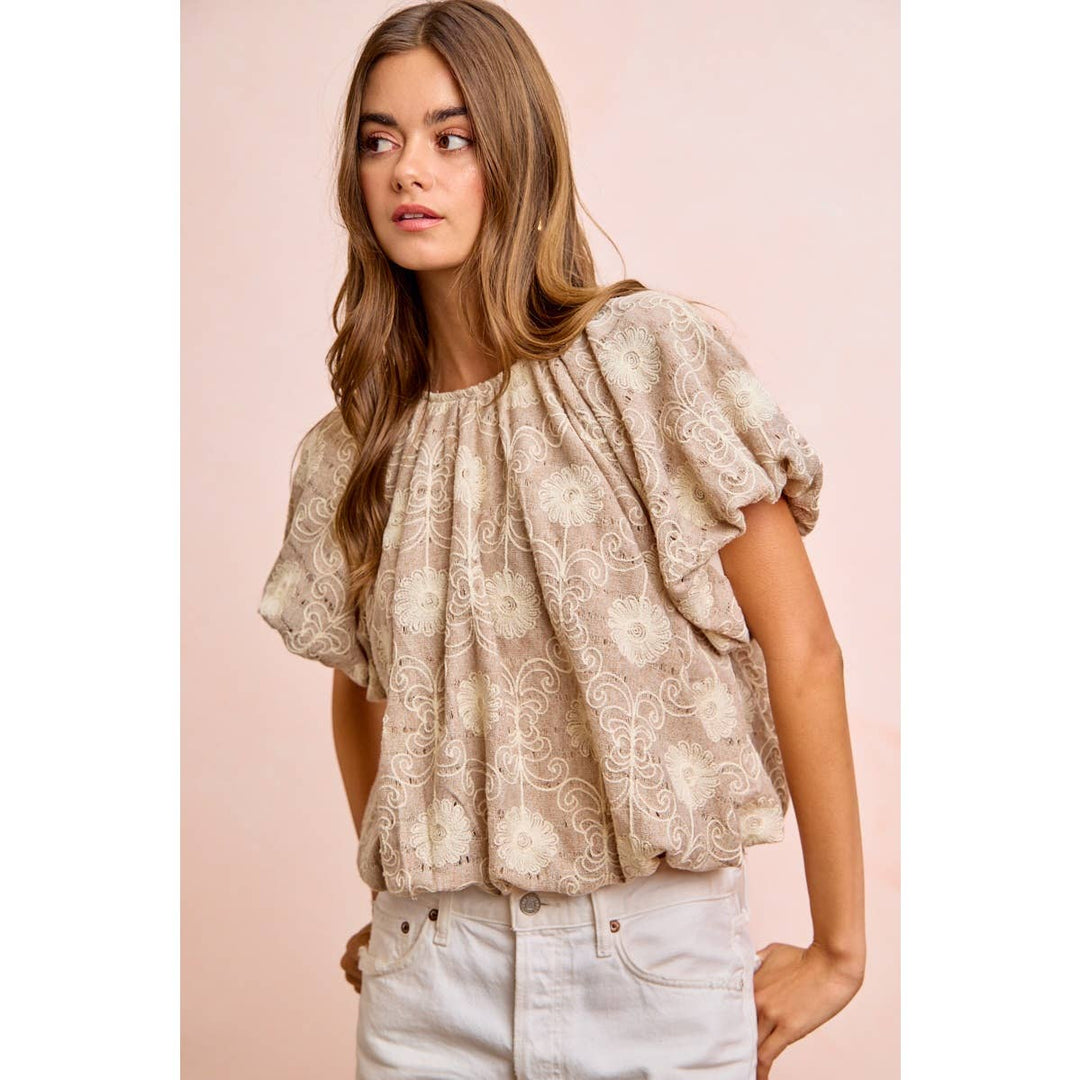 Women's Short Sleeve - FLOWER EMBROIDERED SHIRRED NECKLINE BUBBLE HEM TOP - - Cultured Cloths Apparel