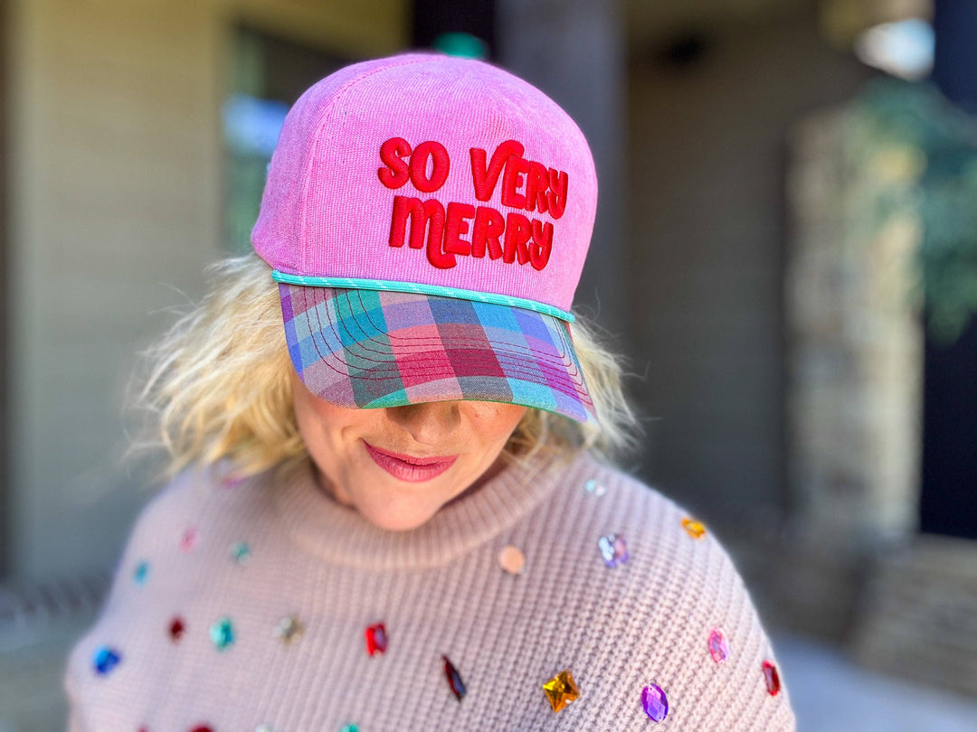 Embroidered Baseball Cap - Holiday - "So Very Merry" - Pink