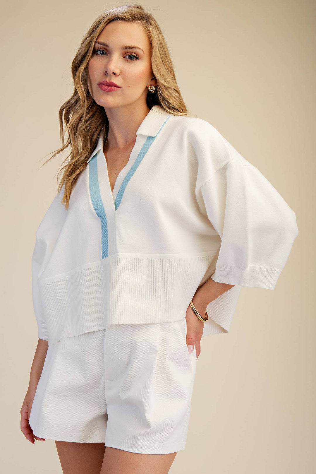 Nude Collar With Contrast Trim Loose Fit Dropped Shoulder Sweater