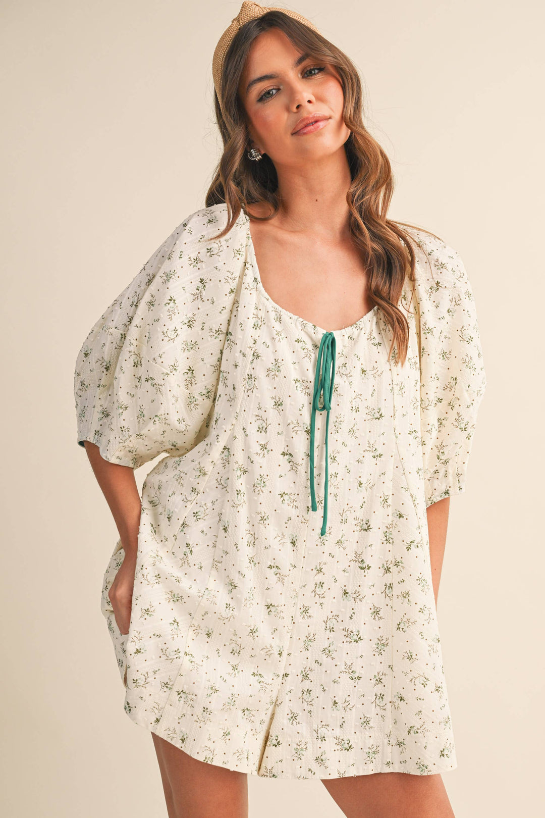 Women's Rompers - FLORAL SWISS DOT OVERSIZED PUFF SLEEVE ROMPER - - Cultured Cloths Apparel
