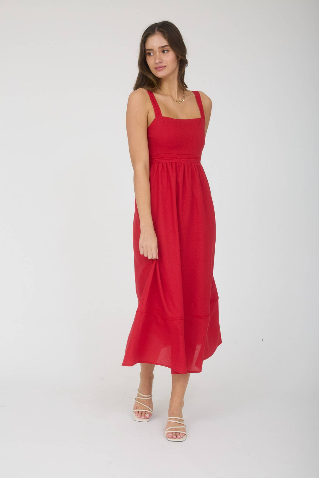 LINE LACE TRIM SLEEVELESS MIDI DRESS RED / Large LINE LACE TRIM SLEEVELESS MIDI DRESS RED / Large