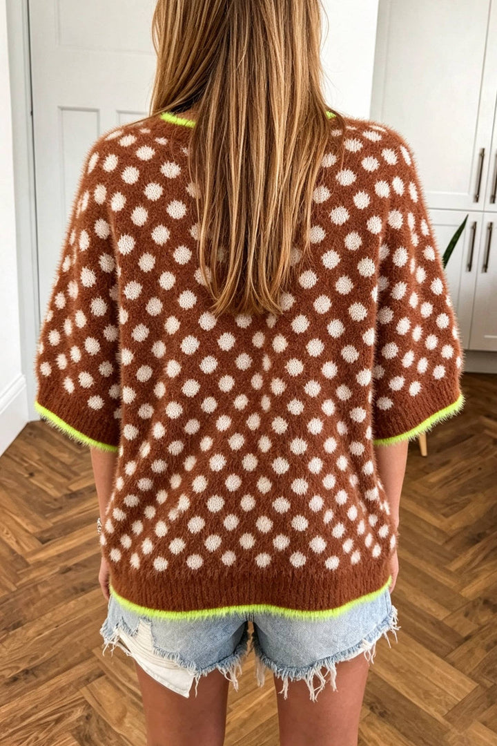 Polka Dot Contrast Trim Round Neck Half Sleeve Sweater(S-XL)