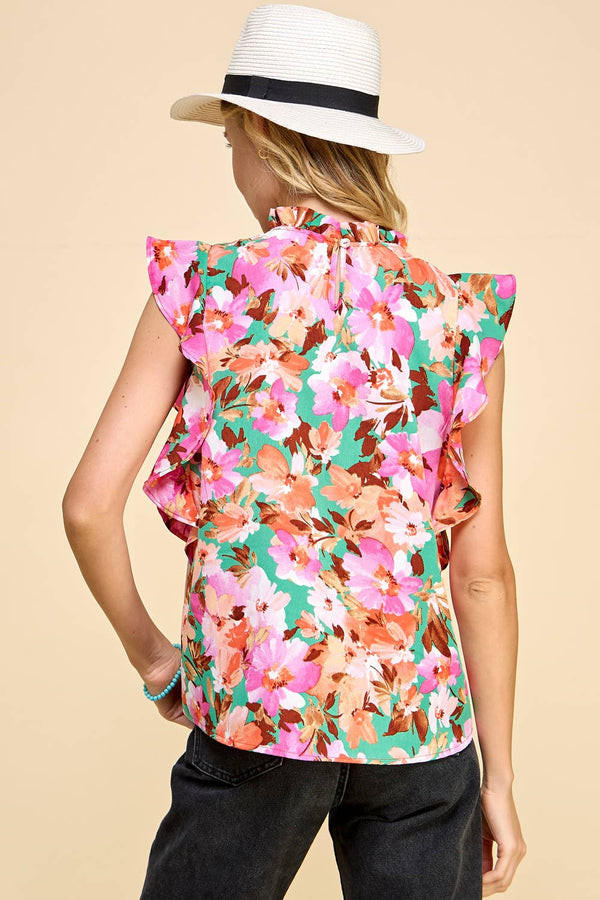 Women's Sleeveless - Floral Top with Ruffled Neck and Sleeves Top -  - Cultured Cloths Apparel