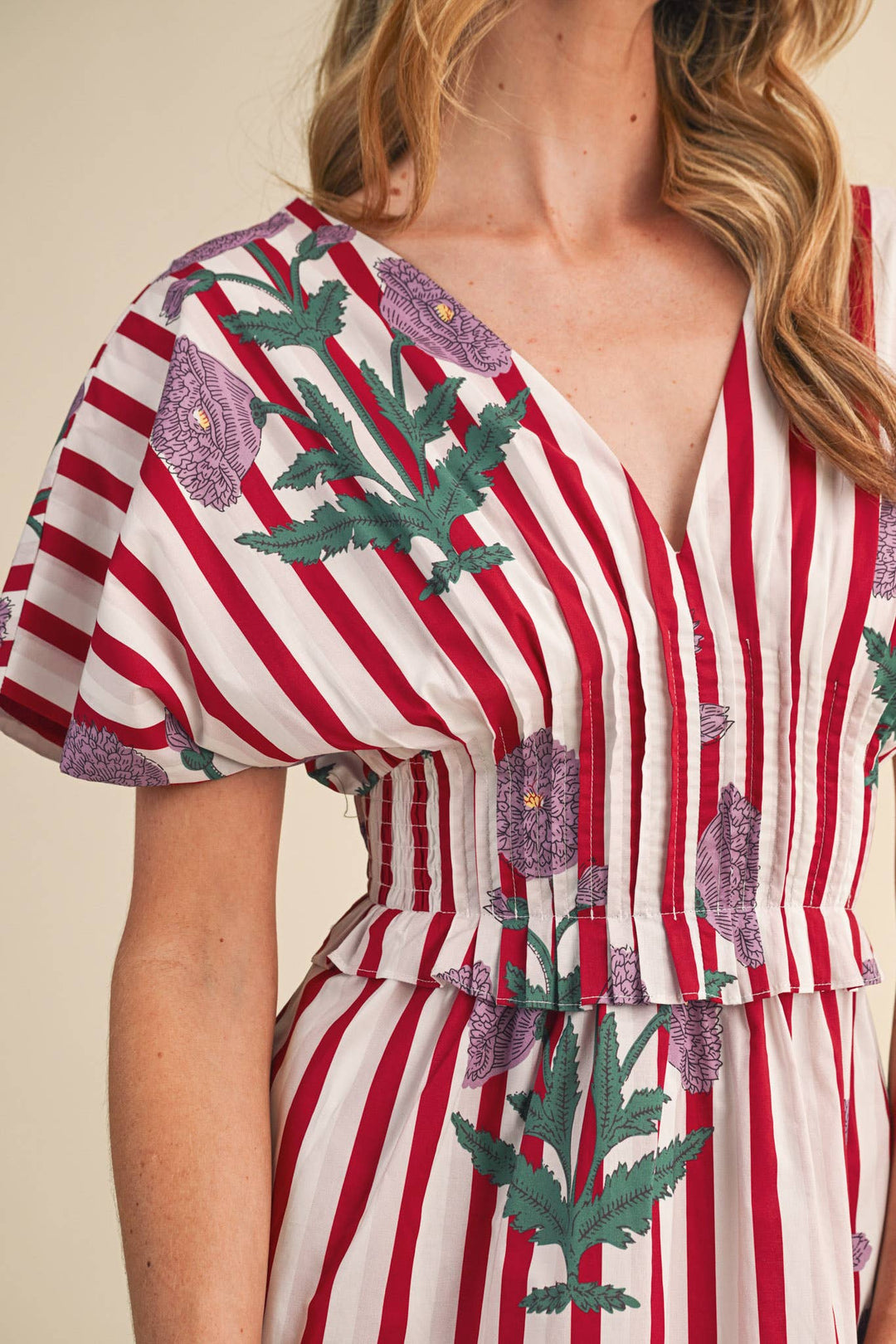 Dresses - STRIPED FLORAL PIN TUCK WAIST MIDI DRESS - - Cultured Cloths Apparel