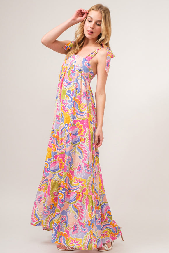 Women's Dresses - And The Why Full Size Printed Tie Shoulder Tiered Maxi Dress - Multicolor - Cultured Cloths Apparel