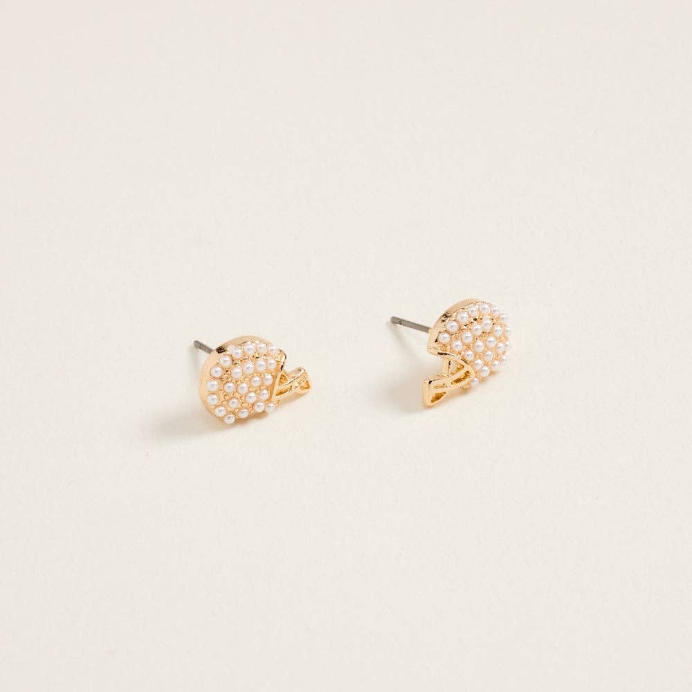 0.5 Inch Pave Pearl Rhinestone Football Helmet Post Earrings