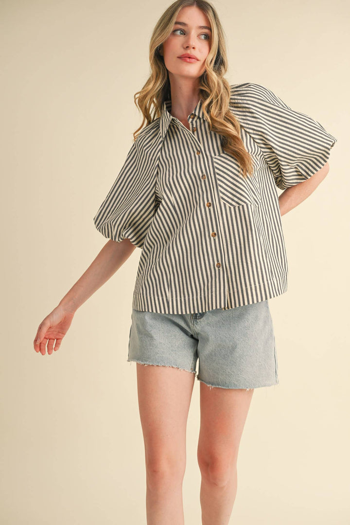 Women's Short Sleeve - STRIPED BUBBLE SLEEVE BUTTON DOWN TOP - - Cultured Cloths Apparel