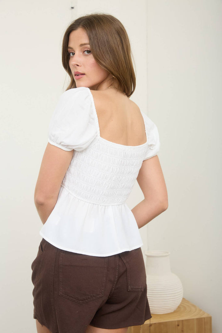 Women's Short Sleeve - FRONT TIE DETAIL PUFF SLEEVE SMOCKED TOP - - Cultured Cloths Apparel