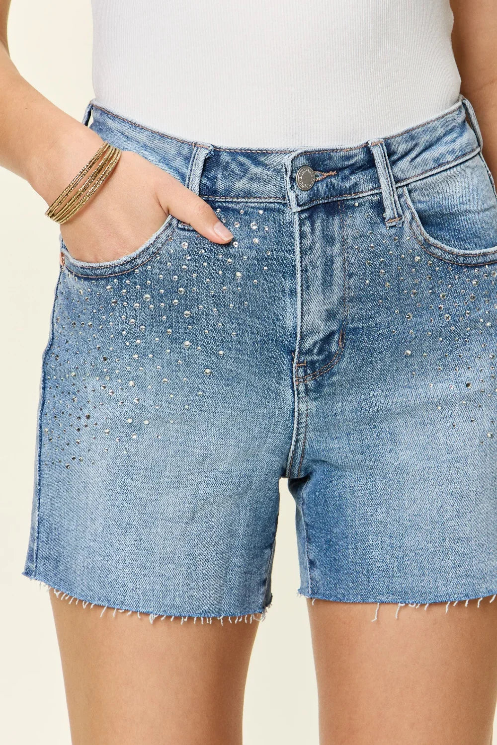 Women's Shorts - Judy Blue Full Size High Waist Rhinestone Decor Denim Shorts - Light - Cultured Cloths Apparel