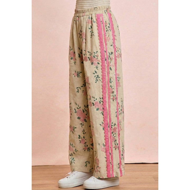 FLOWER PRINTED TWILL SIDE TRIM ELASTIC WAIST PANTS