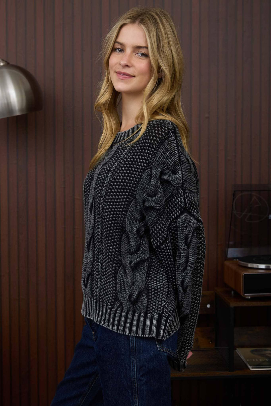 Women's Sweaters - WASHED CABLE KNIT PULLOVER SWEATER - - Cultured Cloths Apparel