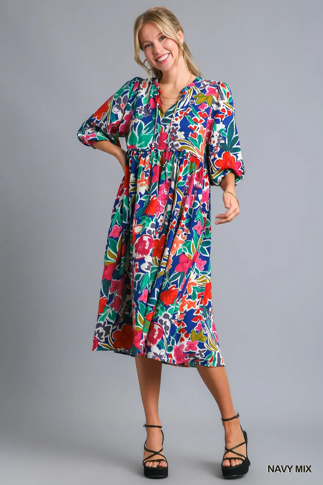 Women's Dresses - Umgee Floral Print Tie Neck Midi Dress with Pockets - NAVY MIX - Cultured Cloths Apparel