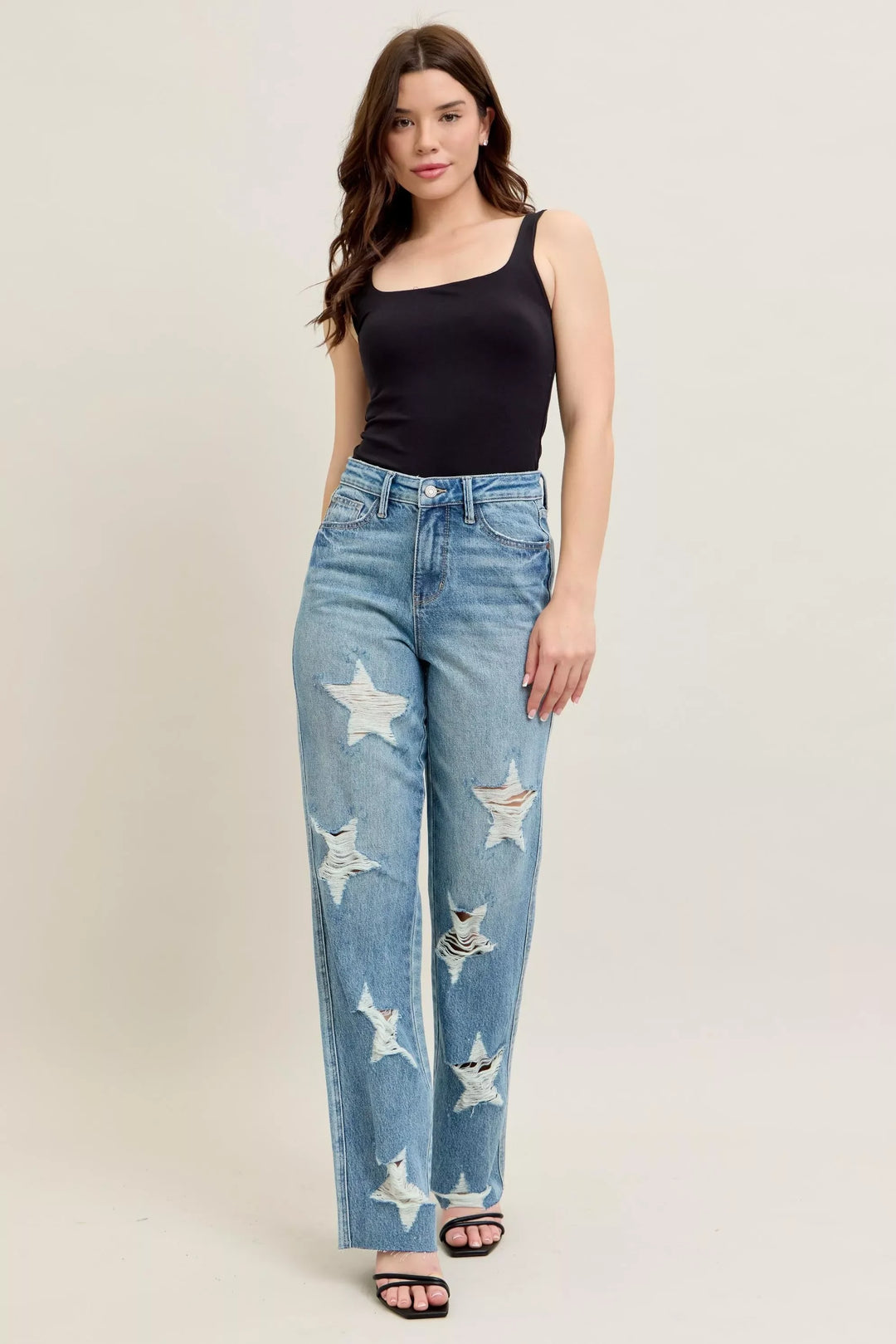 Denim - Judy Blue Full Size High Waist Rigid Magic Star Shaped Destroy 90's Straight Jeans Plus Size - - Cultured Cloths Apparel