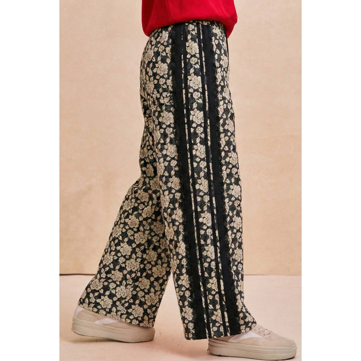FLORAL JACQUARD SIDE LACE TRIM ELASTIC PANTS