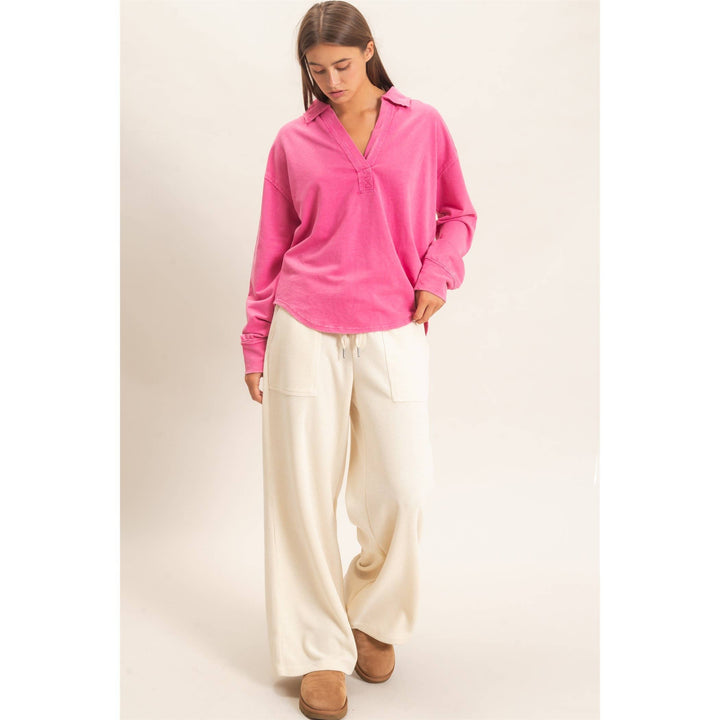 Mineral Washed Polo Collar Long Sleeve Top