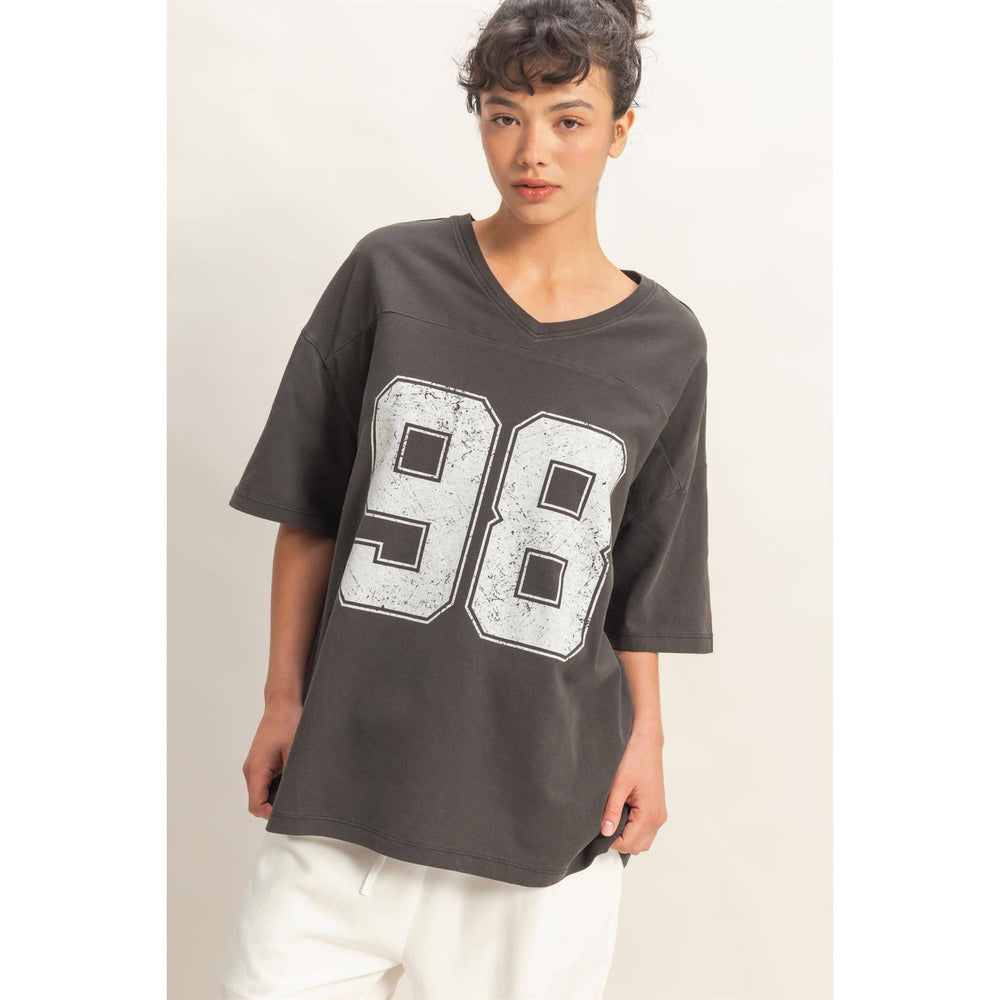 Graphic T-Shirts - Oversized Varsity Style V-Neck Graphic T-Shirt - BLACK - Cultured Cloths Apparel