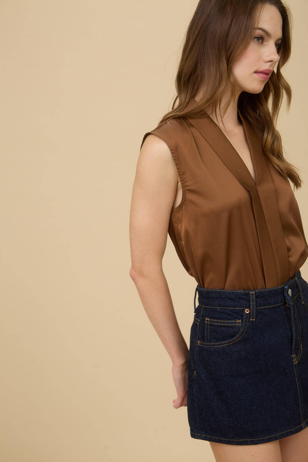 Women's Sleeveless - SATIN COLLARED SLEEVELESS BLOUSE - - Cultured Cloths Apparel