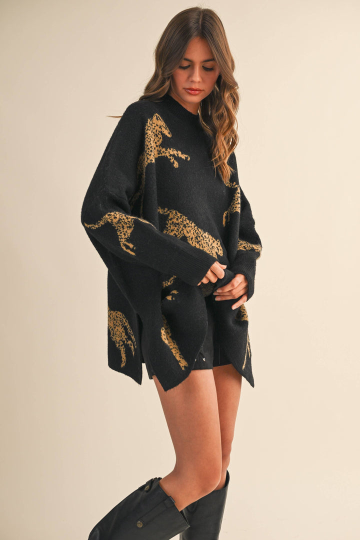 CHEETAH PRINT OVERSIZED MOCK NECK SWEATER TOP