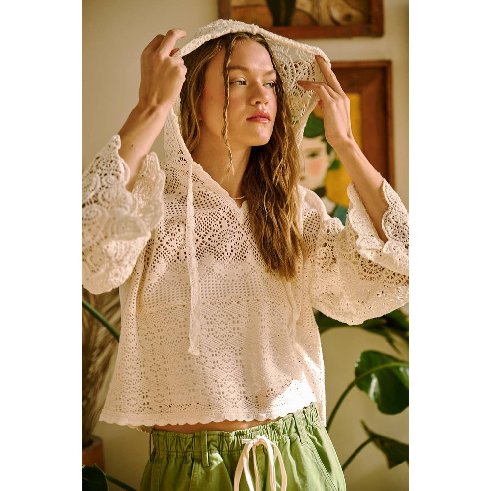 Women's Long Sleeve - CROCHET LACE BOHO LONG SLEEVE HOODIE TOP - - Cultured Cloths Apparel