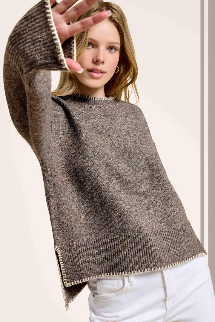 Hi-Low Crew Neck Sweater W/ Contrast Blanket Stitch