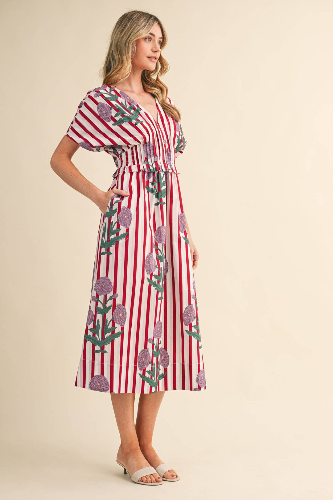 Dresses - STRIPED FLORAL PIN TUCK WAIST MIDI DRESS - - Cultured Cloths Apparel