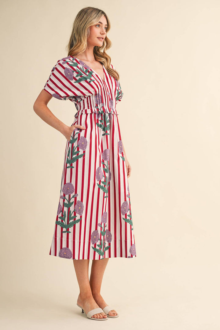Dresses - STRIPED FLORAL PIN TUCK WAIST MIDI DRESS - - Cultured Cloths Apparel