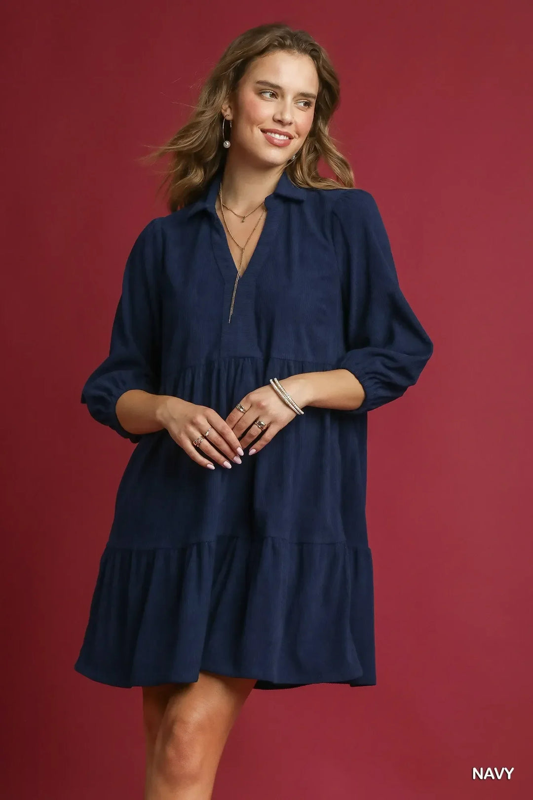 Women's Dresses - Umgee Tiered Corduroy Mini Dress with Balloon Sleeves - Navy - Cultured Cloths Apparel