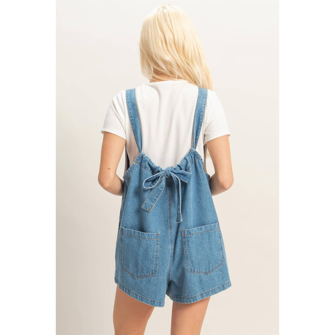Denim Romper With Gathered Neck
