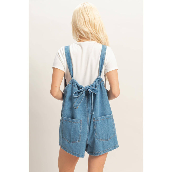 Denim Romper With Gathered Neck