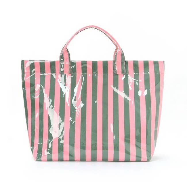 Accessories, Bags - Large Striped Vinyl Tote Bags | 40P595 - PINK GREEN - Cultured Cloths Apparel