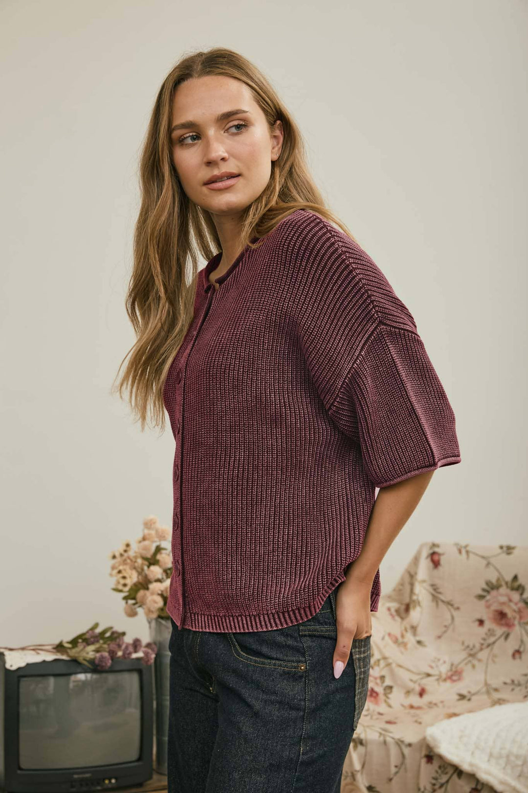 Cardigans - WASHED RIBBED SHORT SLEEVE ROLLED EDGE CARDIGAN - - Cultured Cloths Apparel