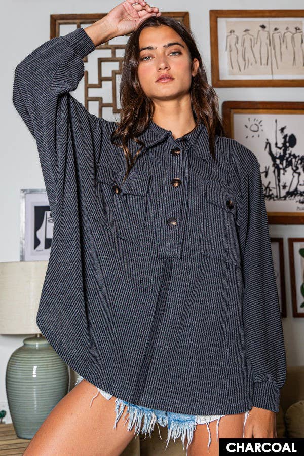 T1578-3 Solid Texture Knit Collared Loose Fit Top